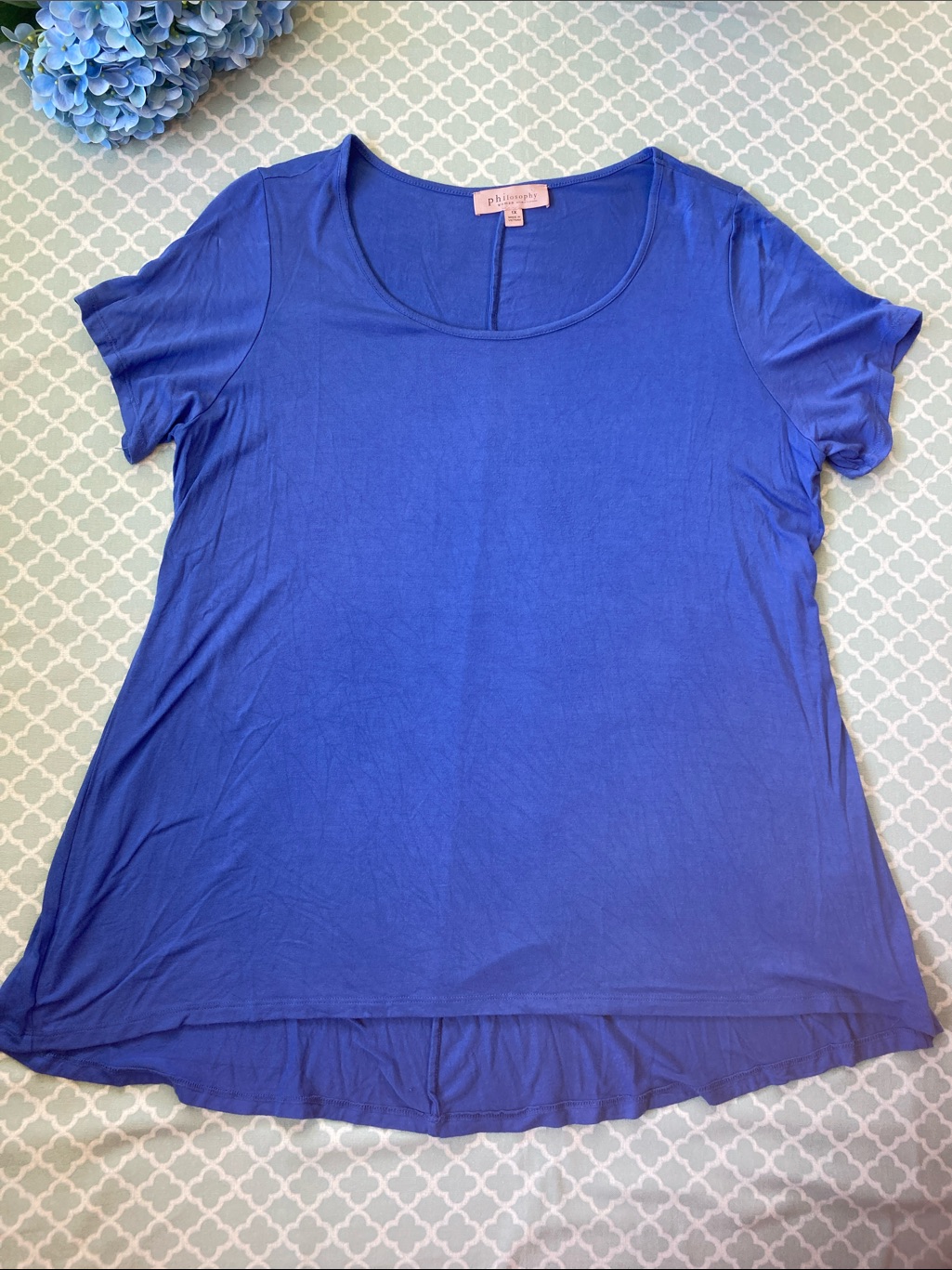 Philosophy Blue Scoop Neck High Low Short Sleeve Top 1x